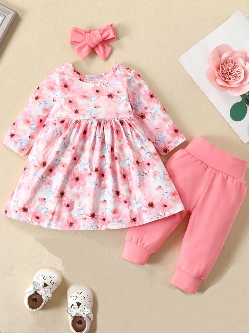 Babypiger Elegant Blomsterprint Sæt Med Prinsessekjole & Solide Bukser & Sløjfe Pandebånd Til Julefest