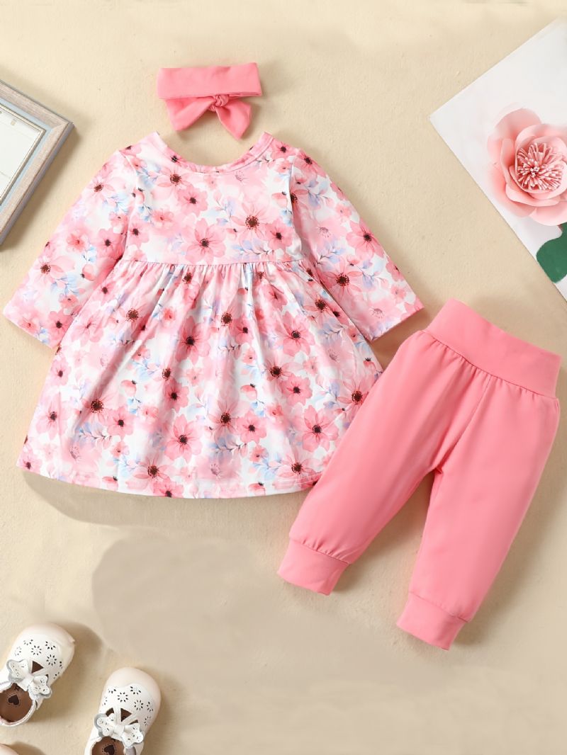 Babypiger Elegant Blomsterprint Sæt Med Prinsessekjole & Solide Bukser & Sløjfe Pandebånd Til Julefest