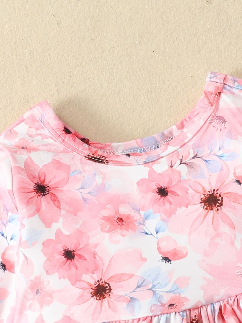 Babypiger Elegant Blomsterprint Sæt Med Prinsessekjole & Solide Bukser & Sløjfe Pandebånd Til Julefest