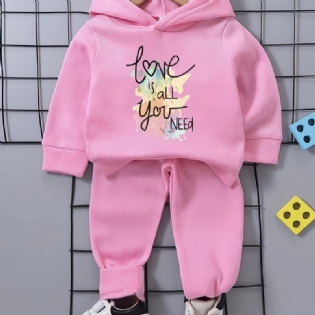 Babypiger Farverige Bogstaver Love Fleece Langærmet Hættetrøje Sweatshirt Bukser Sæt