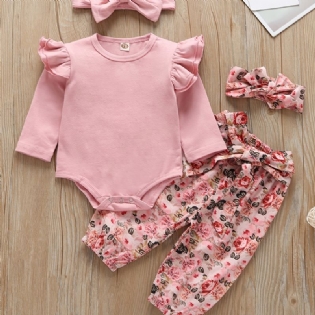 Babypiger Flæse Langærmet Romper Bodysuit + Matchende Bukser + Pandebånd Sæt Nyfødt Spædbørn Babytøj Baby Layette Sæt