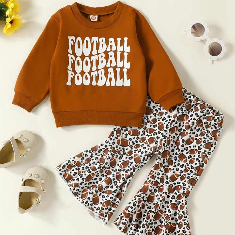 Babypiger Fodbold Brevtryk Pullover Sweatshirt & Flare Benbukser Sæt Børnetøj