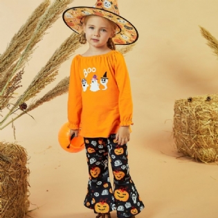 Babypiger Halloween Bukser Sæt Langærmet Spøgelsesprint Toppe Med Flad Casual Outfit