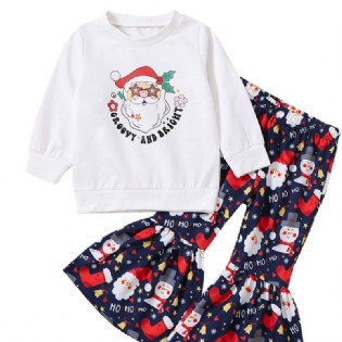 Babypiger Juleoutfit Langærmet Rund Hals Med Julemandsprint Pullover & Flare Benbukser Sæt Børnetøj