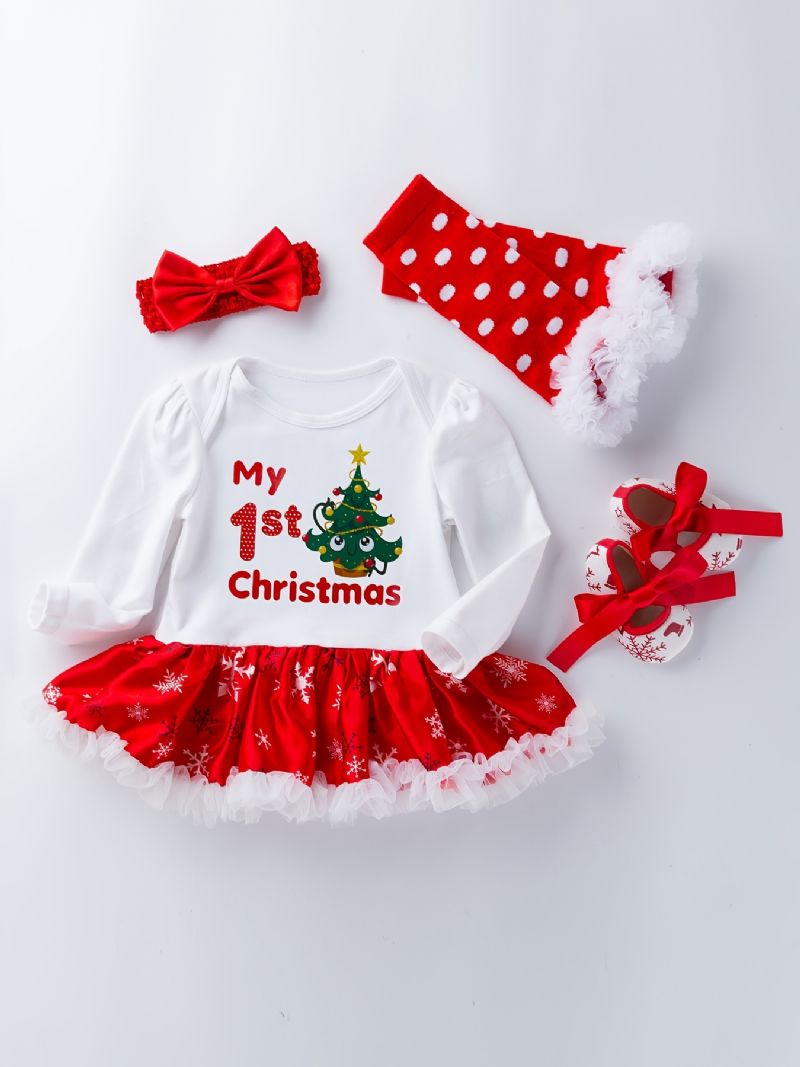 Babypiger Juleoutfits Langærmede Buksekjole One Piece + Pandebånd + Polkaprikkede Knæbeskyttere + Krybbesko Sæt Baby Layette Sæt Dåbstøj
