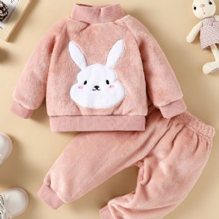 Babypiger Kaninmønster Rullekrave Fleece Sweatshirt + Matchende Joggingbukser Sæt Til Vinter Babytøj