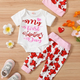 Babypiger Kortærmet Rullebukser + Matchende Hjerteprint + Hattesæt Bodysuit Onesie Babytøj Babylayettesæt