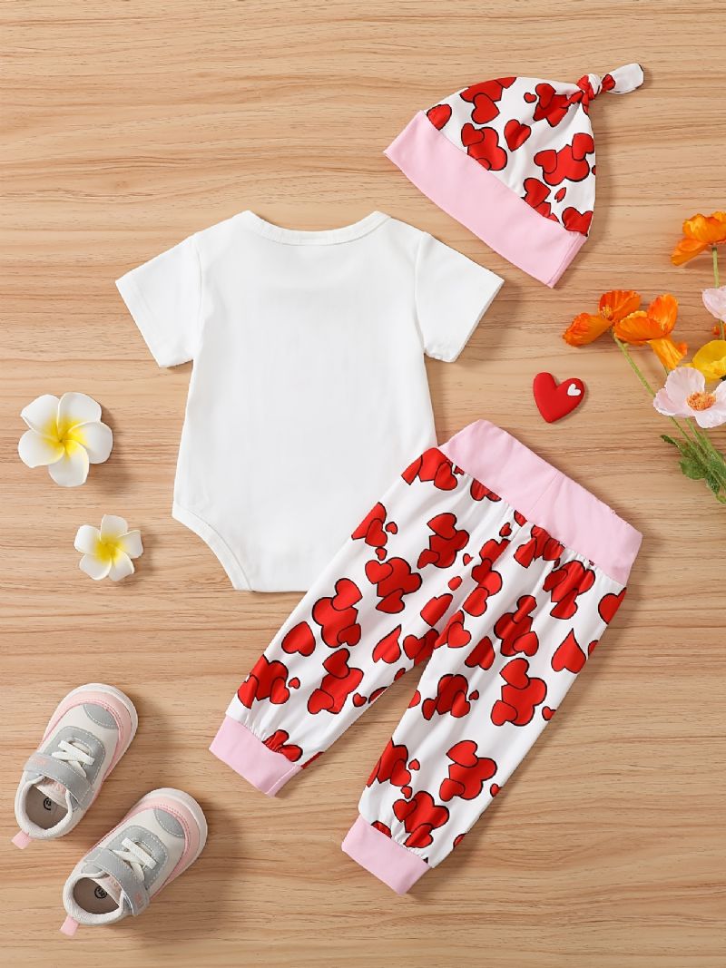Babypiger Kortærmet Rullebukser + Matchende Hjerteprint + Hattesæt Bodysuit Onesie Babytøj Babylayettesæt