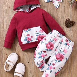 Babypiger Langærmet Blomstret Hættetrøje & Matchende Bukser & Pandebånd Outfit Sæt Tøj