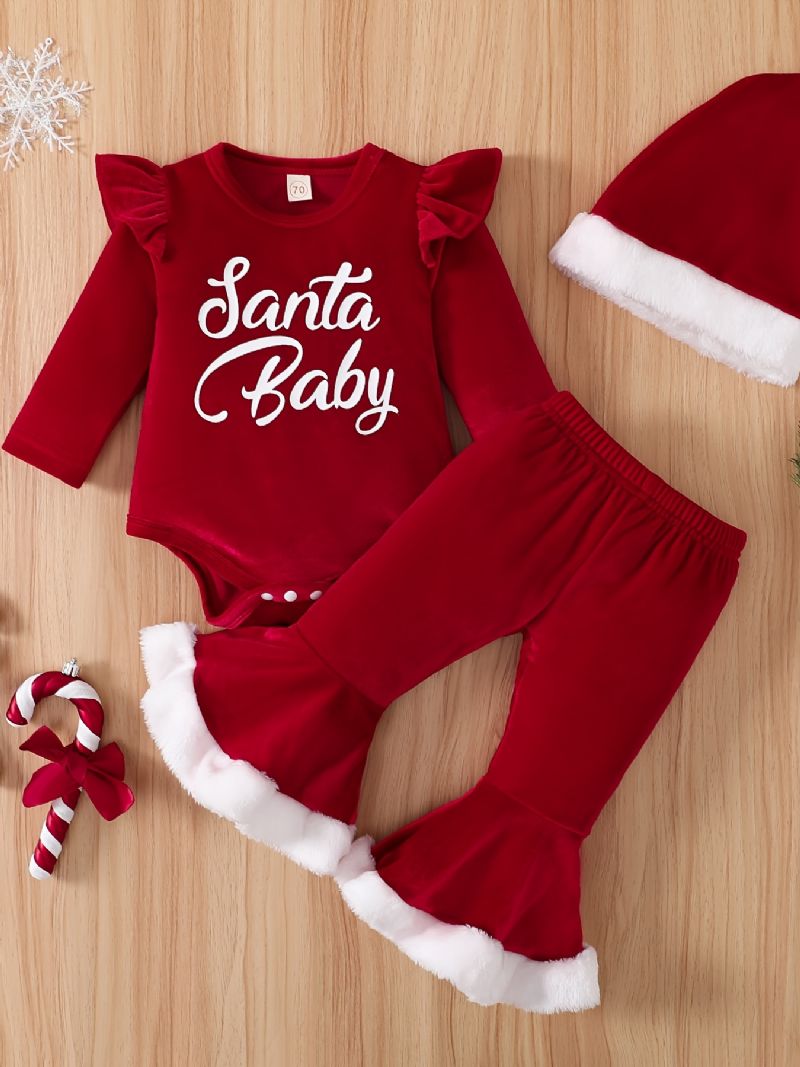 Babypiger Langærmet Bodysuit & Bukser Og Hattesæt Nyfødt Babysæt Til Jul Babytøj