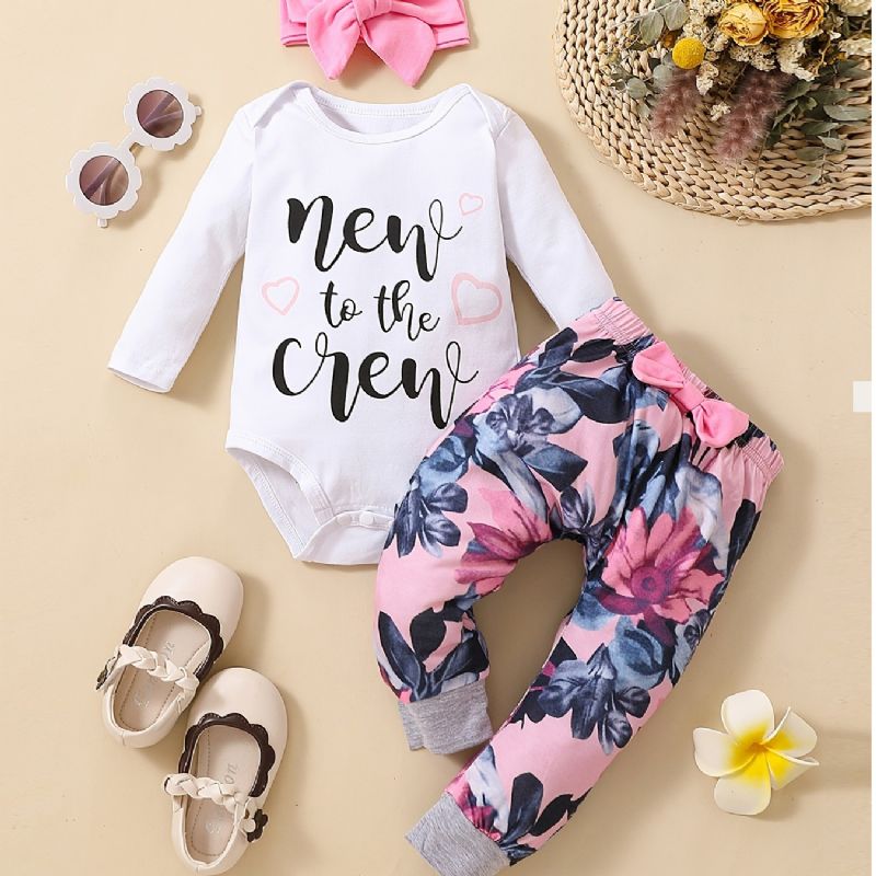 Babypiger Langærmet Bodysuit Onesie & Blomsterprint Bukser & Pandebånd Sæt