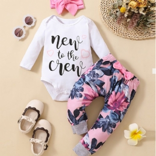 Babypiger Langærmet Bodysuit Onesie & Blomsterprint Bukser & Pandebånd Sæt