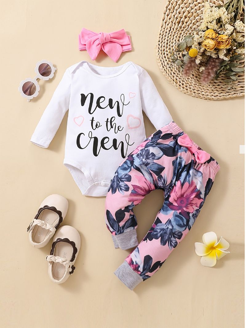 Babypiger Langærmet Bodysuit Onesie & Blomsterprint Bukser & Pandebånd Sæt