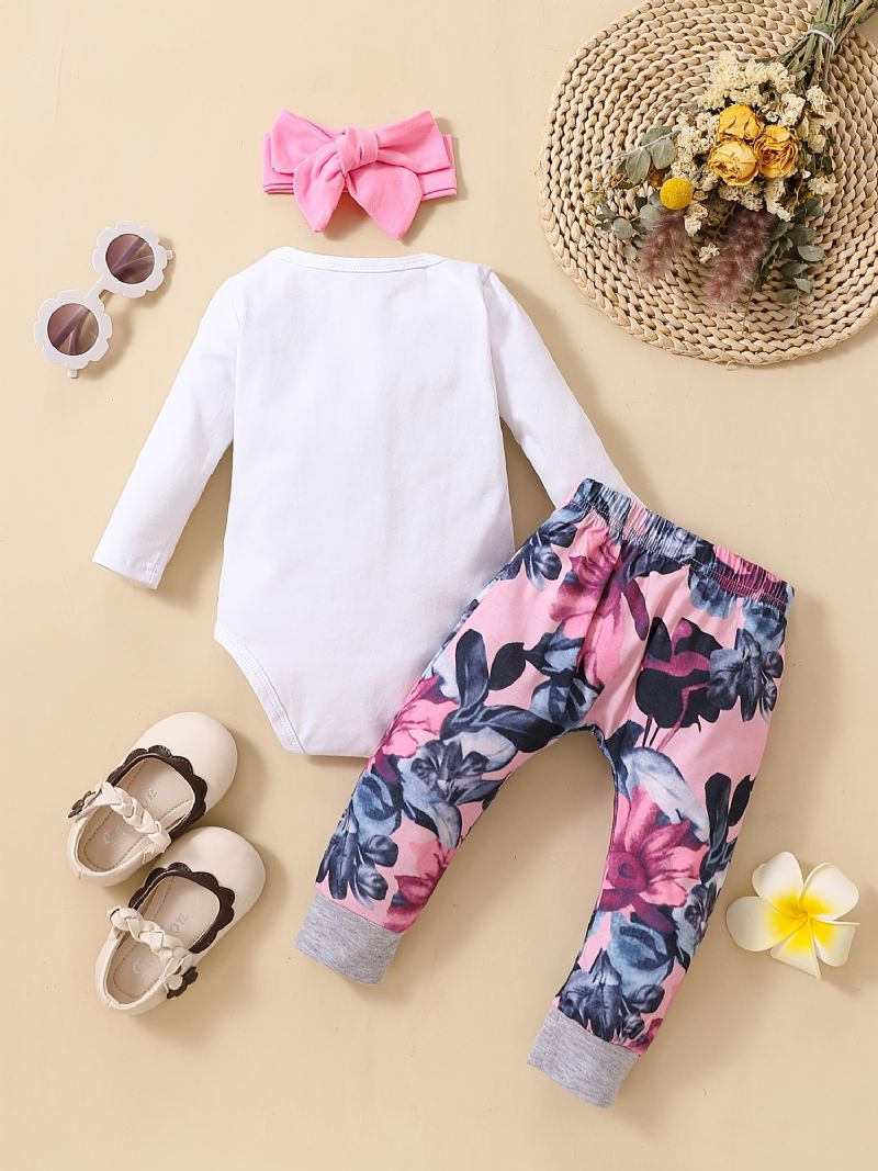 Babypiger Langærmet Bodysuit Onesie & Blomsterprint Bukser & Pandebånd Sæt