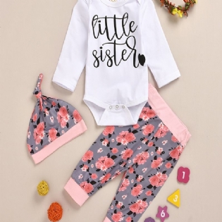 Babypiger Langærmet Bukser + Matchende Med Blomstertryk + Hattesæt Bodysuit Onesie Baby Layettesæt Tøj