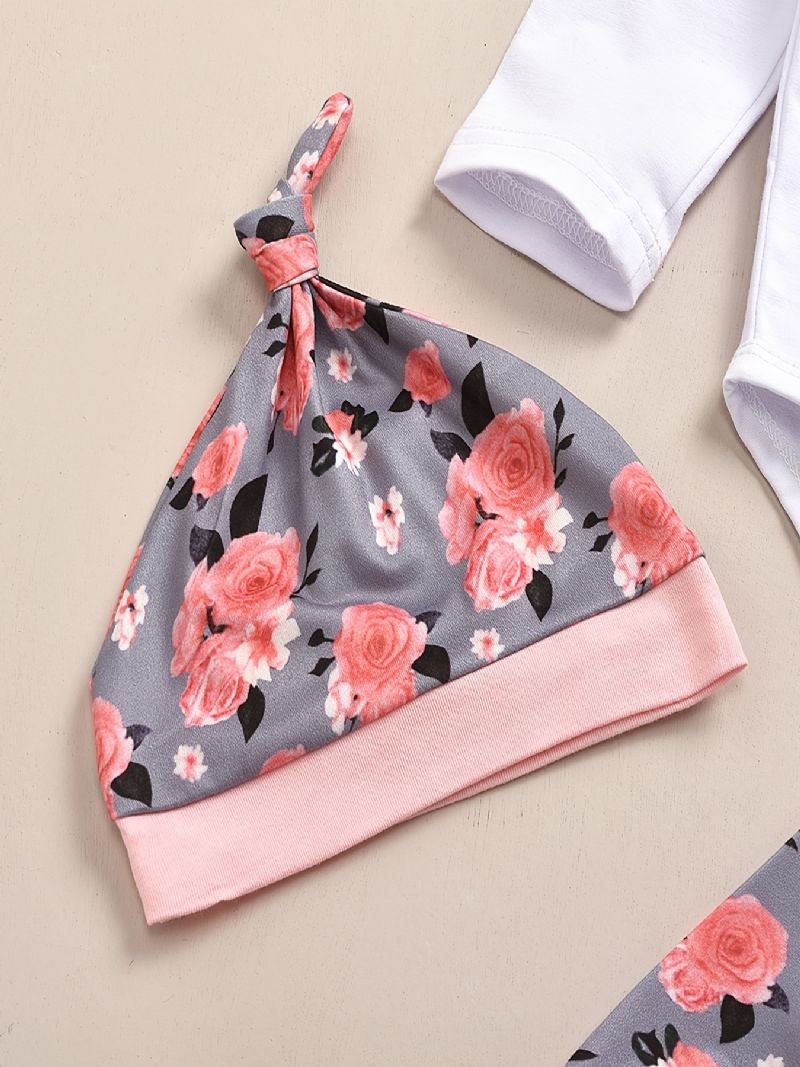Babypiger Langærmet Bukser + Matchende Med Blomstertryk + Hattesæt Bodysuit Onesie Baby Layettesæt Tøj