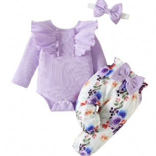 Babypiger Langærmet Flæsebukser + Matchende Bukser Med Blomsterprint + Pandebånd Bodysuit Onesie Babytøj Babydåb Layettesæt