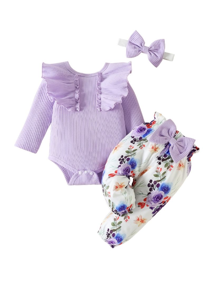 Babypiger Langærmet Flæsebukser + Matchende Bukser Med Blomsterprint + Pandebånd Bodysuit Onesie Babytøj Babydåb Layettesæt