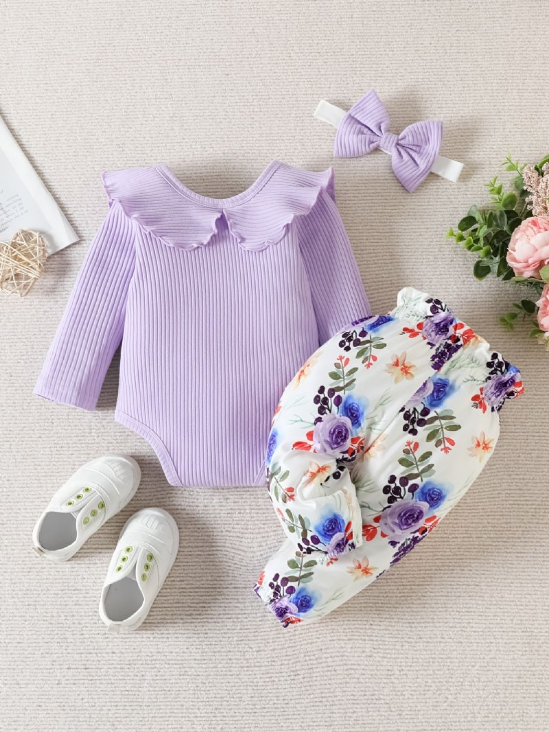 Babypiger Langærmet Flæsebukser + Matchende Bukser Med Blomsterprint + Pandebånd Bodysuit Onesie Babytøj Babydåb Layettesæt