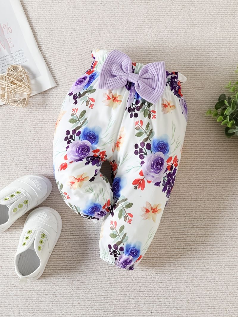 Babypiger Langærmet Flæsebukser + Matchende Bukser Med Blomsterprint + Pandebånd Bodysuit Onesie Babytøj Babydåb Layettesæt