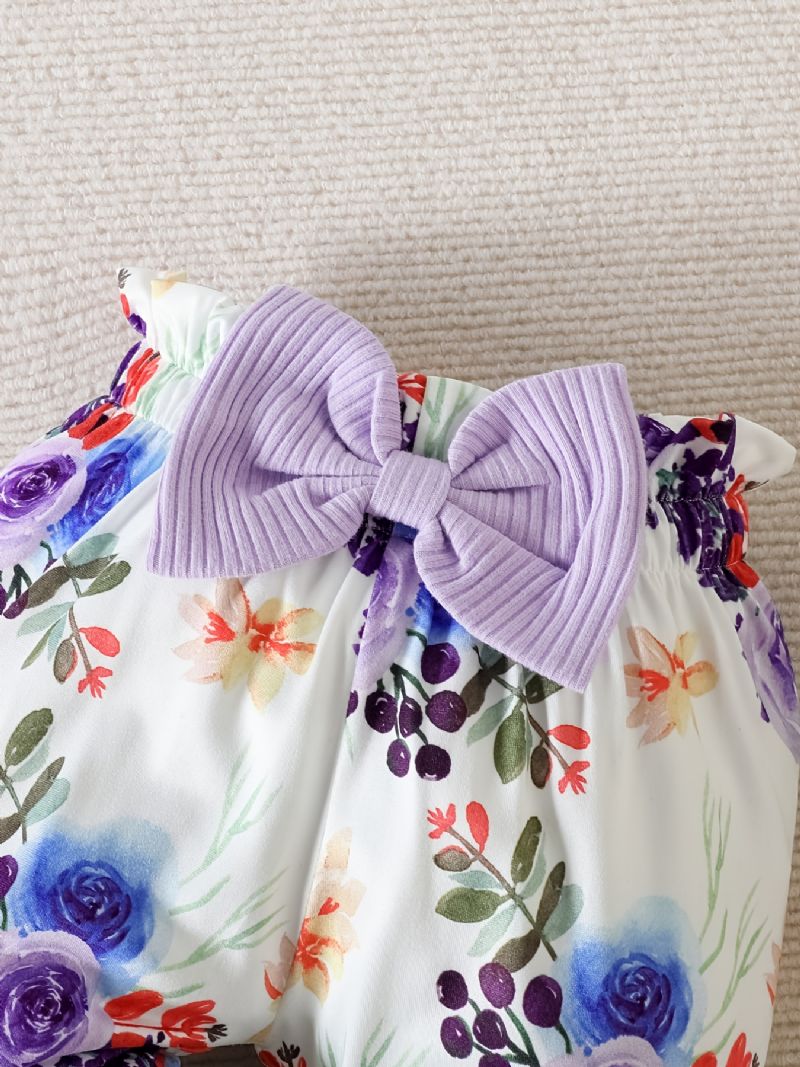 Babypiger Langærmet Flæsebukser + Matchende Bukser Med Blomsterprint + Pandebånd Bodysuit Onesie Babytøj Babydåb Layettesæt