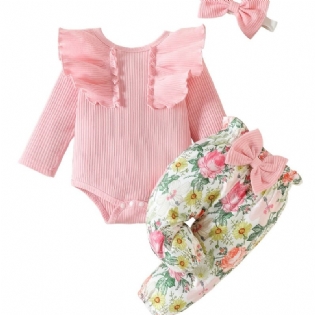 Babypiger Langærmet Flæsebukser + Matchende Bukser Med Blomsterprint + Pandebånd Bodysuit Onesie Babytøj Babydåb Layettesæt