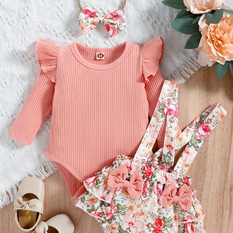 Babypiger Langærmet Flæsebukser + Matchende Bukseseleunderdel Med Blomstertryk + Pandebåndsæt Babypigetøj