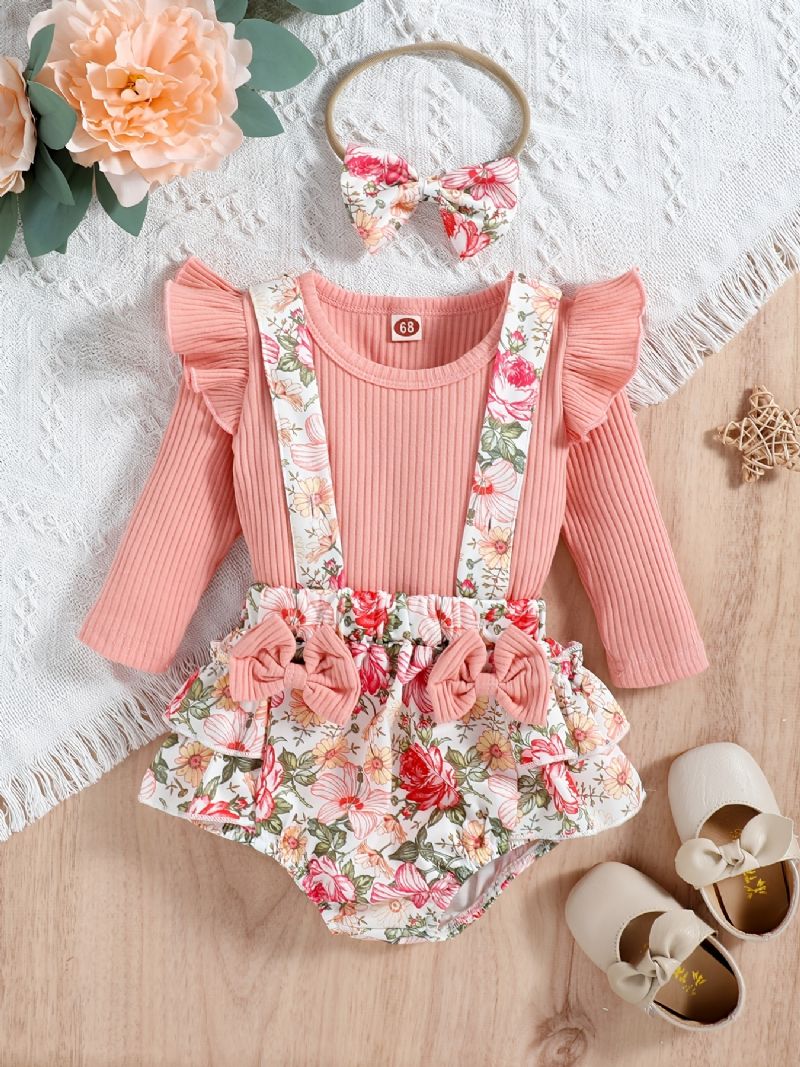 Babypiger Langærmet Flæsebukser + Matchende Bukseseleunderdel Med Blomstertryk + Pandebåndsæt Babypigetøj