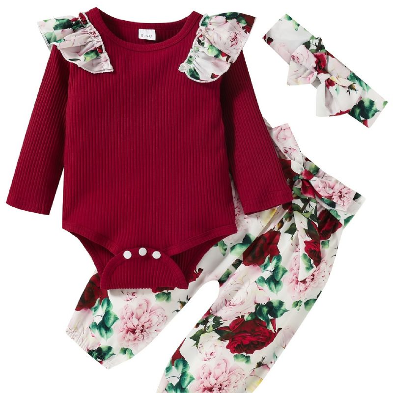 Babypiger Langærmet Outfit Rundhals Ribbet Flæse Bodysuits Romper + Blomsterprint Bukser Dragt + Pandebånd Sæt Spædbørn Tøj