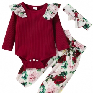 Babypiger Langærmet Outfit Rundhals Ribbet Flæse Bodysuits Romper + Blomsterprint Bukser Dragt + Pandebånd Sæt Spædbørn Tøj