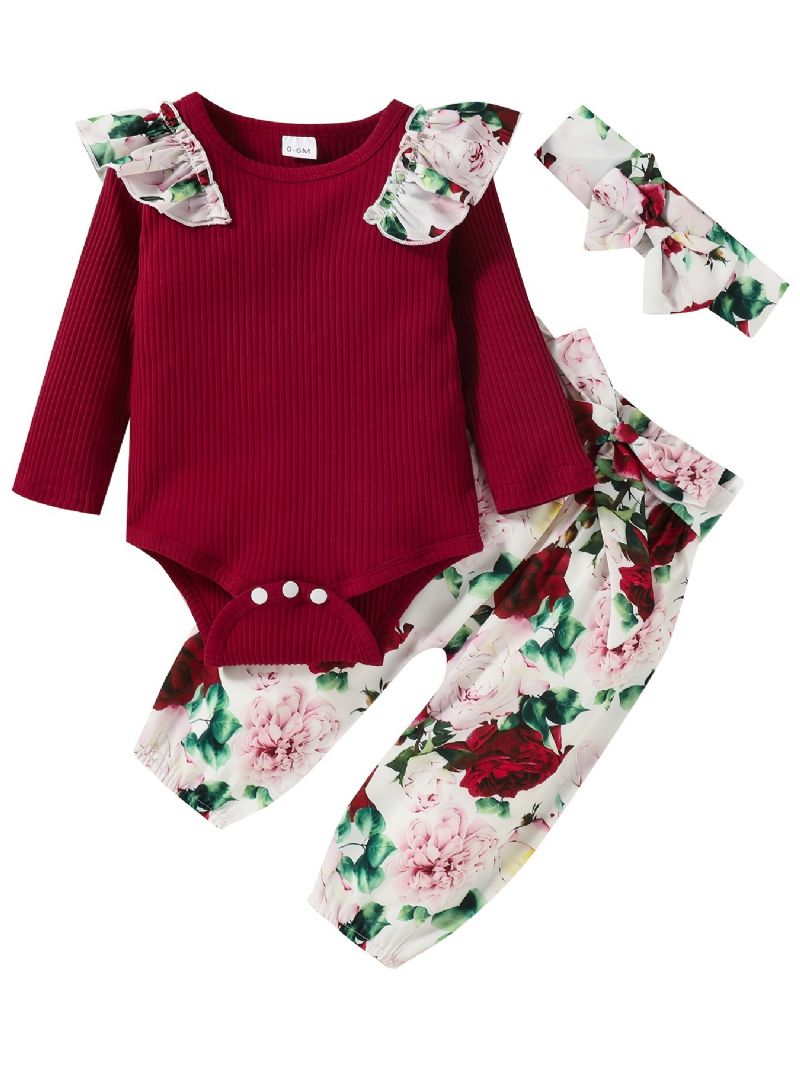 Babypiger Langærmet Outfit Rundhals Ribbet Flæse Bodysuits Romper + Blomsterprint Bukser Dragt + Pandebånd Sæt Spædbørn Tøj