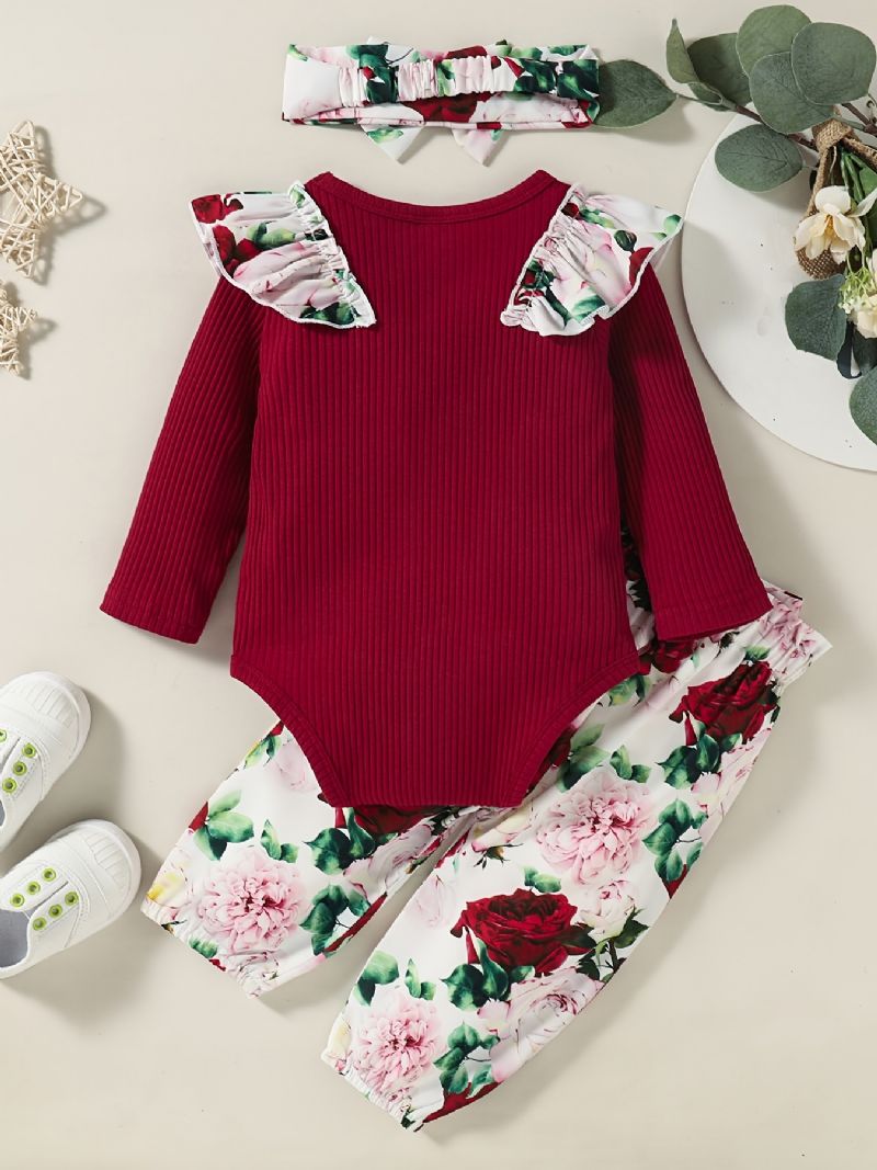 Babypiger Langærmet Outfit Rundhals Ribbet Flæse Bodysuits Romper + Blomsterprint Bukser Dragt + Pandebånd Sæt Spædbørn Tøj