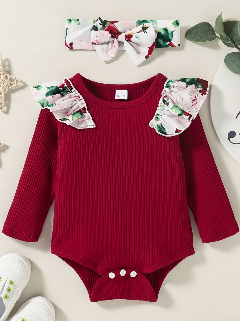 Babypiger Langærmet Outfit Rundhals Ribbet Flæse Bodysuits Romper + Blomsterprint Bukser Dragt + Pandebånd Sæt Spædbørn Tøj