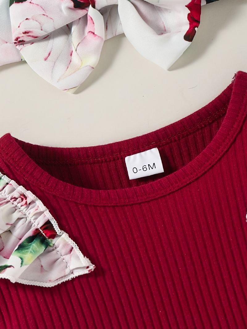 Babypiger Langærmet Outfit Rundhals Ribbet Flæse Bodysuits Romper + Blomsterprint Bukser Dragt + Pandebånd Sæt Spædbørn Tøj