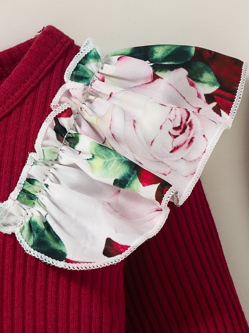 Babypiger Langærmet Outfit Rundhals Ribbet Flæse Bodysuits Romper + Blomsterprint Bukser Dragt + Pandebånd Sæt Spædbørn Tøj