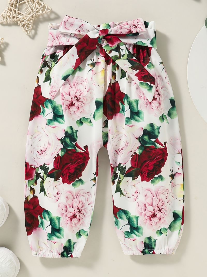 Babypiger Langærmet Outfit Rundhals Ribbet Flæse Bodysuits Romper + Blomsterprint Bukser Dragt + Pandebånd Sæt Spædbørn Tøj