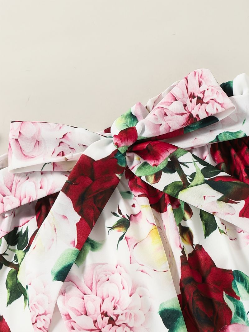 Babypiger Langærmet Outfit Rundhals Ribbet Flæse Bodysuits Romper + Blomsterprint Bukser Dragt + Pandebånd Sæt Spædbørn Tøj