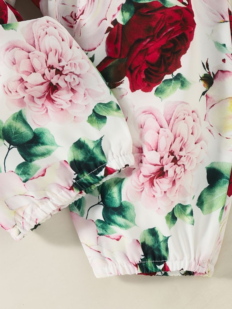 Babypiger Langærmet Outfit Rundhals Ribbet Flæse Bodysuits Romper + Blomsterprint Bukser Dragt + Pandebånd Sæt Spædbørn Tøj