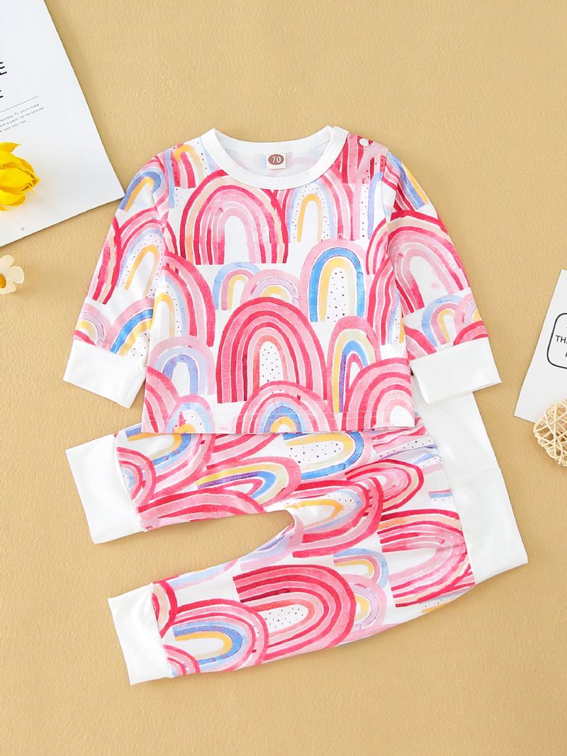 Babypiger Langærmet Pullover Top + Bukser Sæt Med Regnbuemønster Babytøj