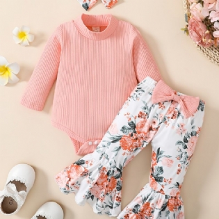 Babypiger Langærmet Rullebukser + Blomstermønster Udvidede Bukser + Pandebånd Sæt Babytøj Outfit