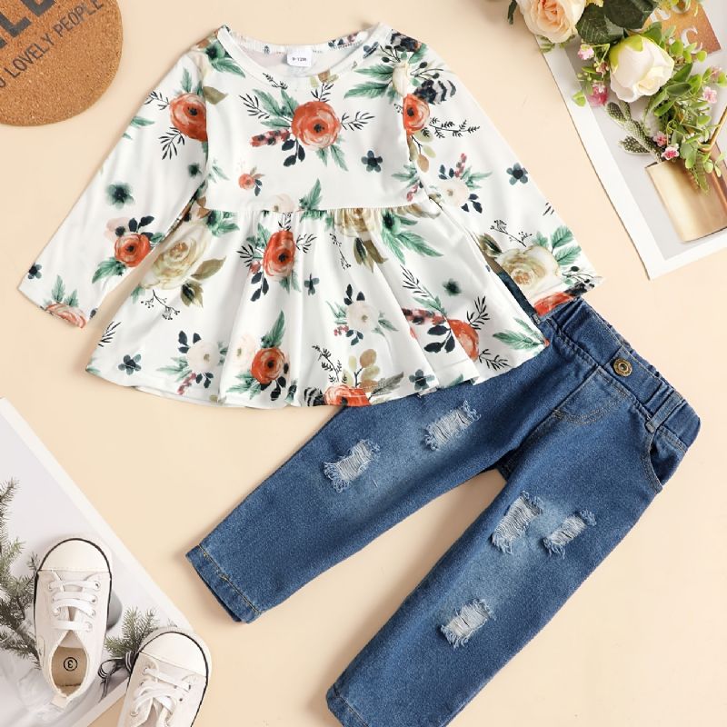 Babypiger Langærmet Top Med Blomsterprint Og Matchende Jeanssæt
