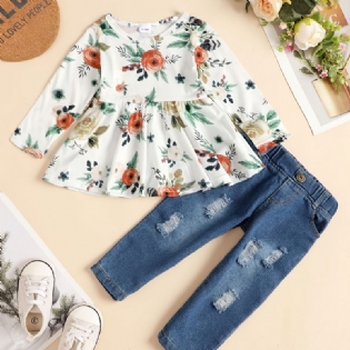 Babypiger Langærmet Top Med Blomsterprint Og Matchende Jeanssæt