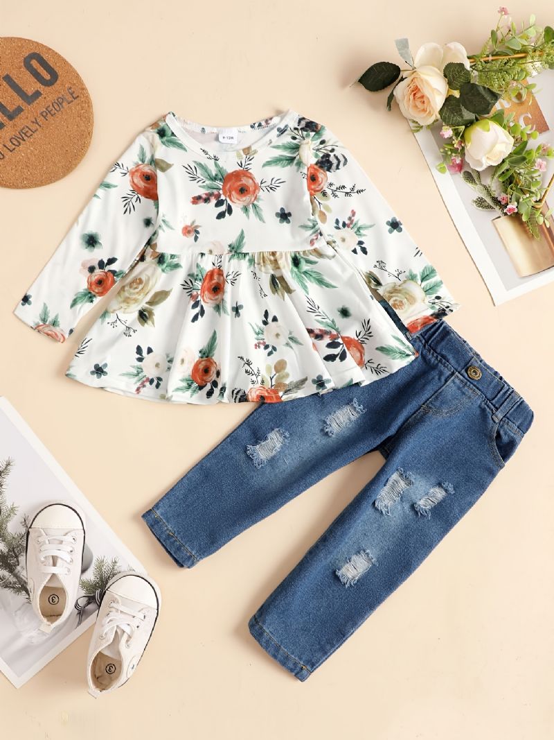 Babypiger Langærmet Top Med Blomsterprint Og Matchende Jeanssæt