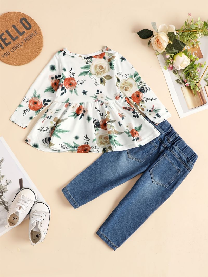 Babypiger Langærmet Top Med Blomsterprint Og Matchende Jeanssæt