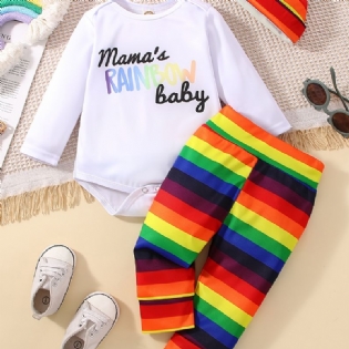 Babypiger Mama's Rainbow Babybodysuit & Regnbuestribede Bukser & Hattesæt Newborn Babysæt