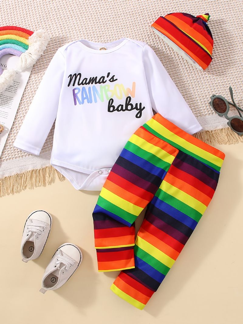 Babypiger Mama's Rainbow Babybodysuit & Regnbuestribede Bukser & Hattesæt Newborn Babysæt