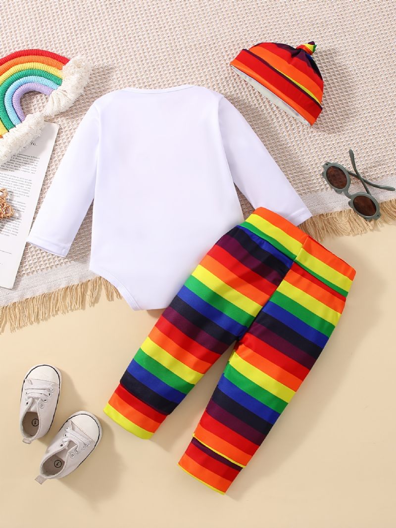Babypiger Mama's Rainbow Babybodysuit & Regnbuestribede Bukser & Hattesæt Newborn Babysæt