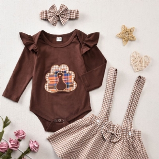 Babypiger Med Flæseærmer Med Thanksgiving Kalkun-mønster + Seler Nederdel + Pandebåndsæt Babytøj