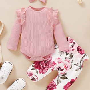 Babypiger Outfit Sæt Langærmet Ripped Bodysuit & Blomsterprint & Pandebånd