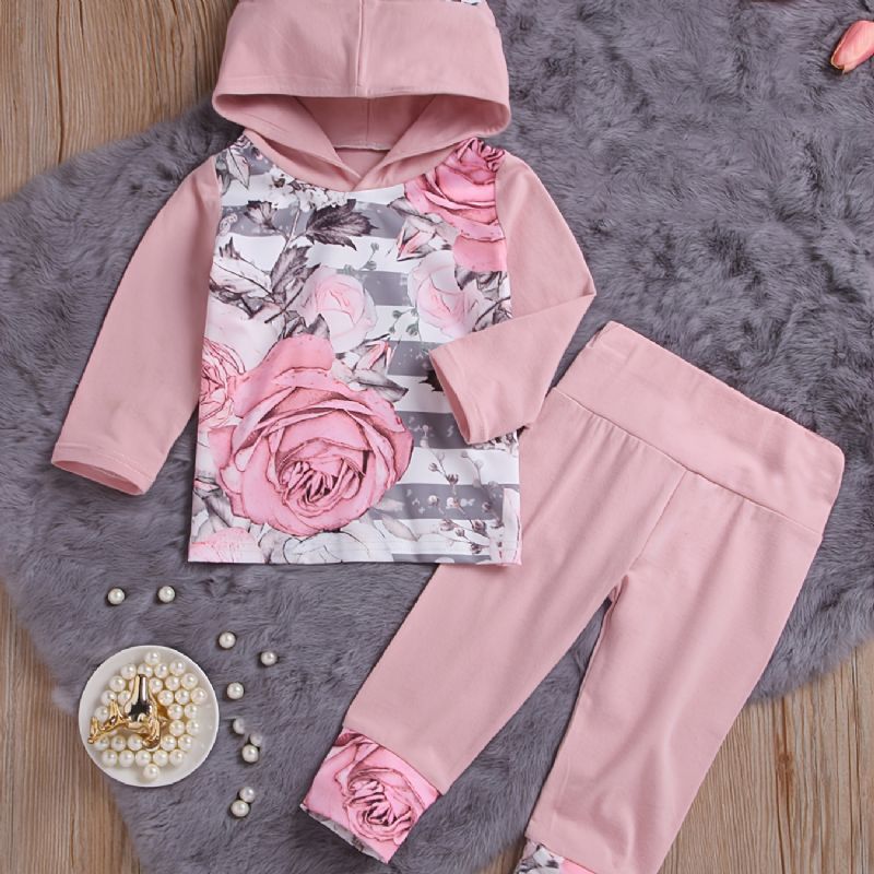 Babypiger Pink Øre-hættetrøje Blomstertryk Langærmet Sweatshirt Og Buksesæt Småbørnstøj